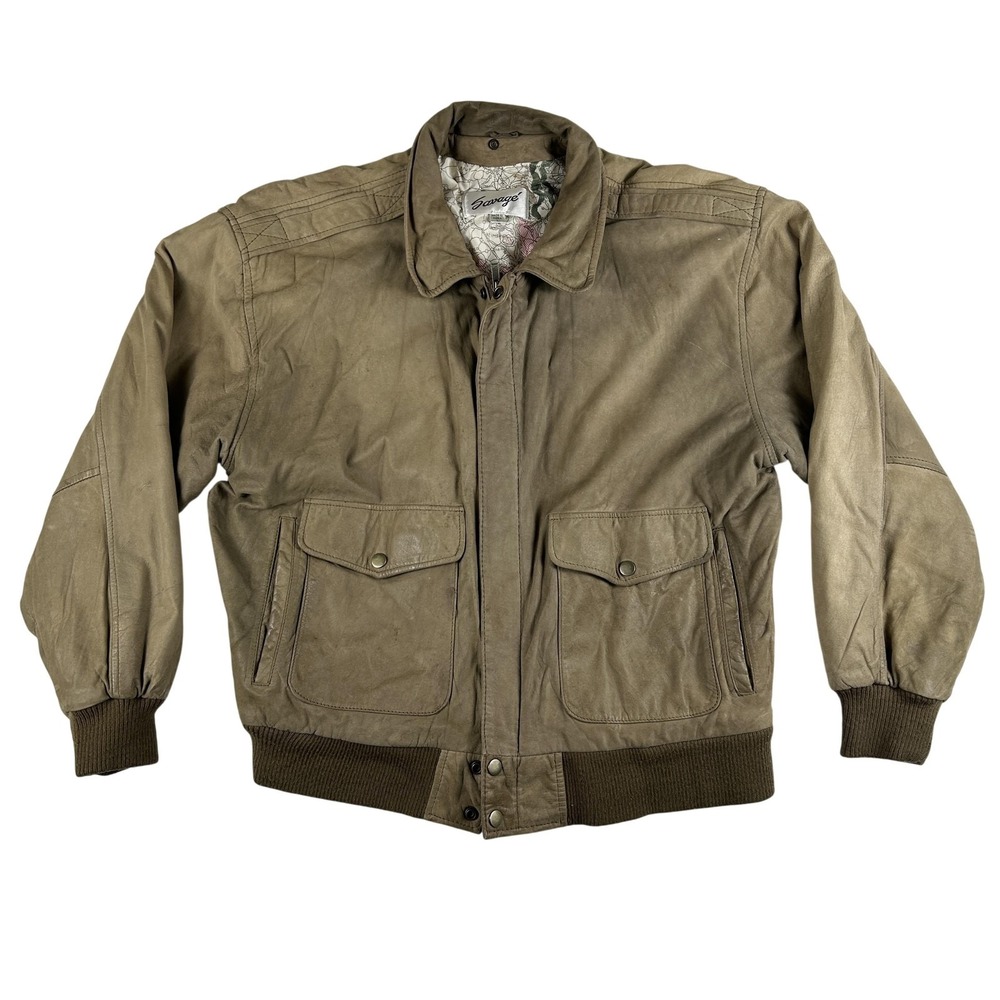 Vintage Savage Jacket Mens Large‎ Brown Leather Bomber Map Lining Dyed Opossum